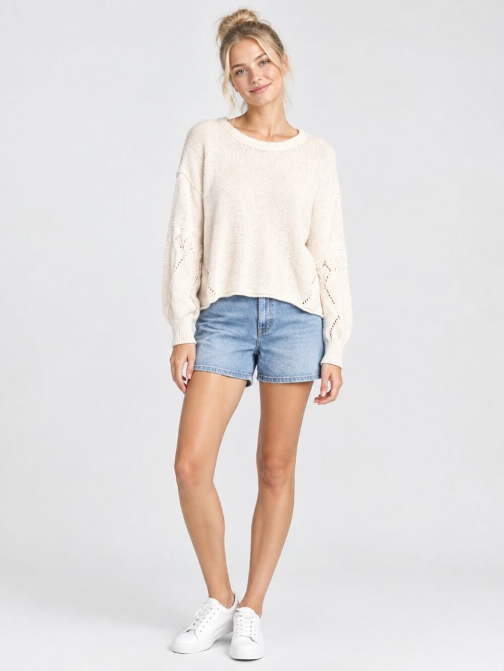 2/$30 Lucky Brand Cotton Pointelle Knit Pullover Sweater Ecru Large #A4429